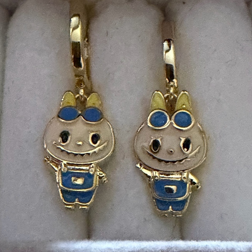 14K Gold Overalls Labubu Theme Enameled Hoop Character Earrings Kawaii Boutique